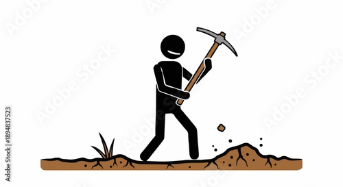 Stick figure miner digging with pickaxe tool.
