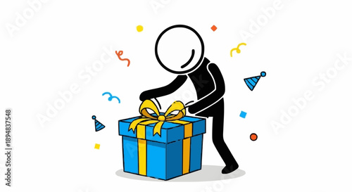 Stick figure opening a blue gift box with yellow ribbon and confetti.