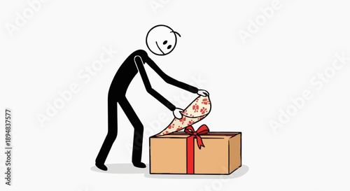 Stick figure opening a gift box with red ribbon.