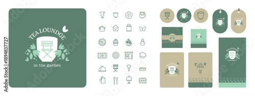 Charte graphique pour pâtisserie, salon de thé, traiteur, jardin, terrasse, salon de thé, café, picto, mockup, packaging, étiquettes, stickers, menu, frise, floral, tasse, serre, patio, verrière, 