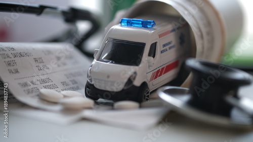 Hospital ambulance vehicle with hospital bills and medicines.