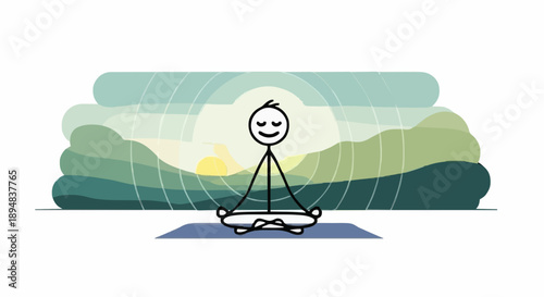 Stick figure meditating in a peaceful landscape.