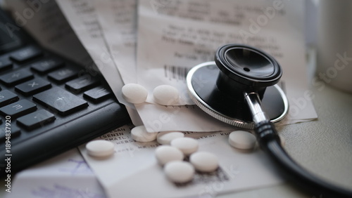 Photography Pile of unpaid expensive hospital bills.