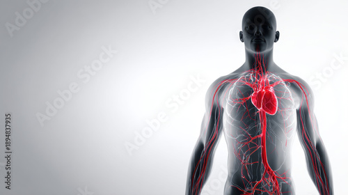 Circulatory system human body heart artery vein anatomy cardiovascular medical illustration showing male torso red blood vessel path on white background copy space