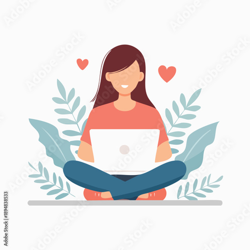 Woman Working on Laptop with Hearts Flat Vector Illustration