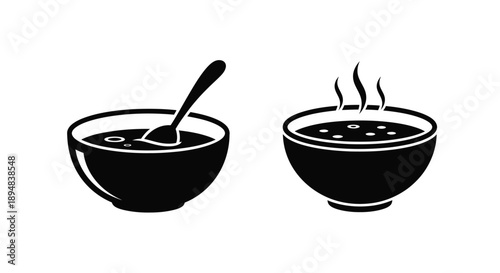 Two bowls of soup with a spoon simple black silhouette