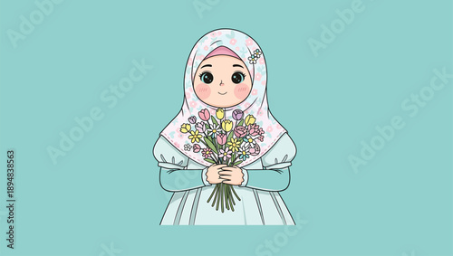 Smiling muslim girl holding flowers