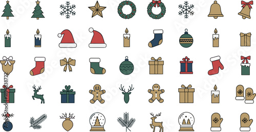 Set of Christmas and winter holiday outline icons including trees, wreaths, candles, gifts, stockings, gingerbread, snow globes, and festive decorations