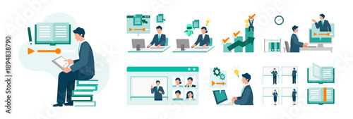 E-learning and online training business people set, professionals studying with tablets and computers for reskilling, corporate education and skill development