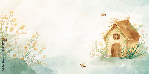 A vector illustration of a gingerbread bird house nestled in a snowy winter tree with birds in the nest and on branches, creating a festive holiday nature landscape