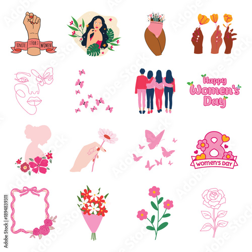Women empowerment concept set. Vector diverse female characters and hands together for sisterhood and solidarity design