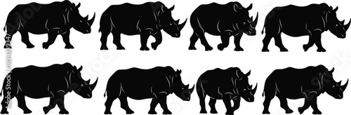 Black silhouette vector illustration set featuring various rhinoceros and wild rhinos for nature safari wildlife and animal conservation branding design