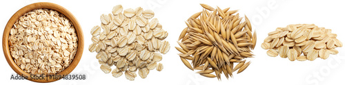 a detailed studio photograph showcasing a comprehensive selection of raw oats, including rolled oats in a wooden bowl, scattered flakes, and whole unprocessed oat grains.