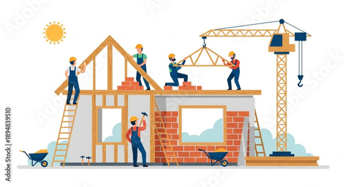 Construction workers building a house with a crane.