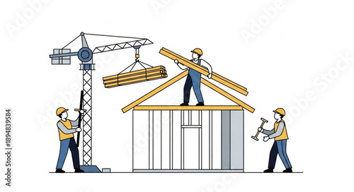 Construction workers building a house with a crane and tools.