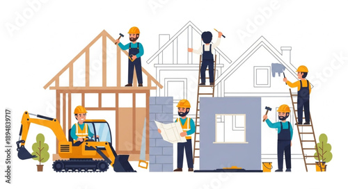 Construction workers building a house with blueprints and excavator.