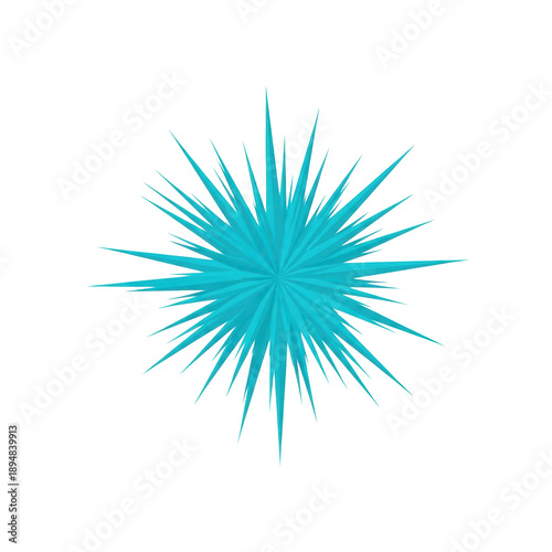 A minimalist 2d vector illustration of a central abstract geometric starburst with sharp, jagged triangular spikes, rendered in vivid cyan against a transparent background with copy space. Concept for