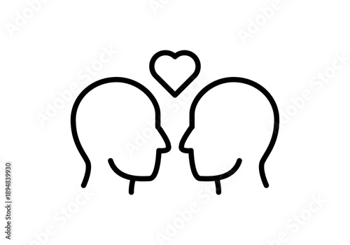 Icono lineal de dos perfiles humanos enfrentados con un corazón de amor