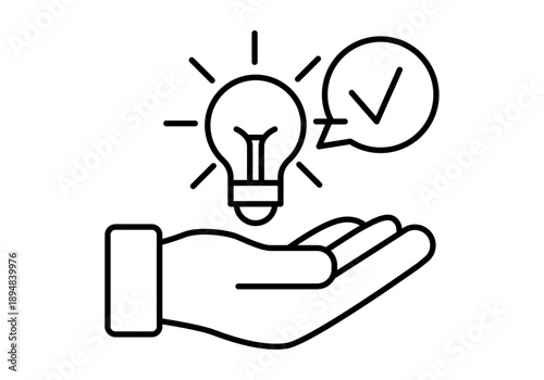 Icono mano sosteniendo una bombilla encendida junto a un bocadillo con marca de verificación