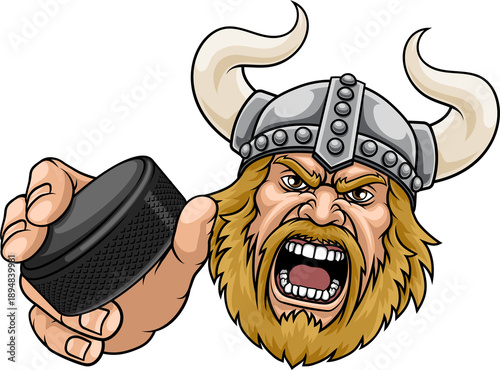 Photography An angry Viking cartoon character holding hockey puck ice hockey sports team mascot illustration