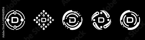 Set of minimalist letter D technology logos in monochrome style. Abstract circular and network shapes represent digital systems, AI, innovation, and modern tech branding on black background