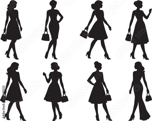 Collection of elegant female silhouettes showcasing various standing, walking and posing positions with handbags and dresses for fashion design illustration projects