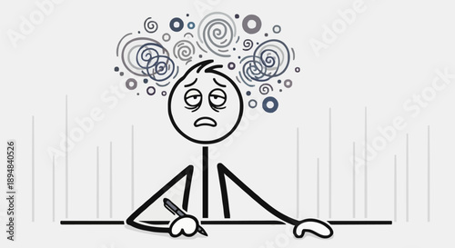 Stick figure overwhelmed with stress and exhaustion at desk.