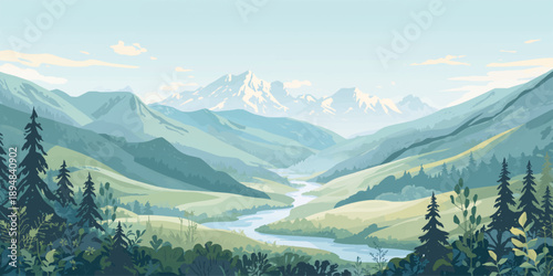 Panoramic winter view of snow-covered alpine peaks and a pine forest under a cloudy sky in the Canadian high mountains