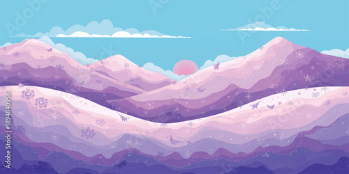 A breathtaking winter panorama of high alpine peaks covered in snow under a vibrant sunset sky with soft fog rolling through the mountain valley at morning light