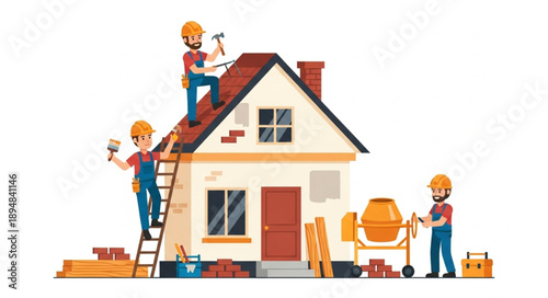 Construction workers building a house with tools and materials.