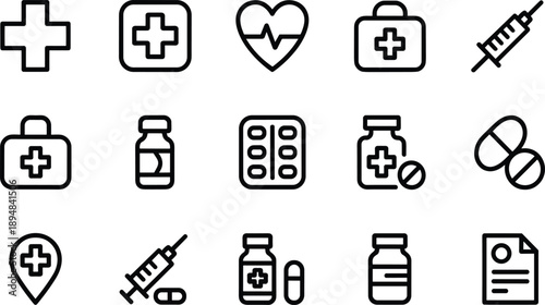 Collection of black outline medical symbols and on white background healthcare health symbol