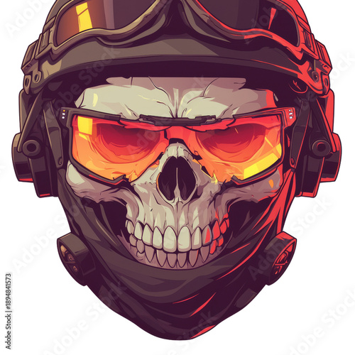Stylized illustration of a skull wearing a tactical helmet, vibrant orange-tinted goggles, and a dark face mask, rendered in a graphic art style.