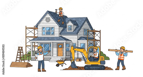 Construction workers building a house with excavator and scaffolding.