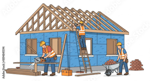 Construction workers building a house with wooden roof structure.