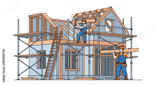 Construction workers building a house with scaffolding.