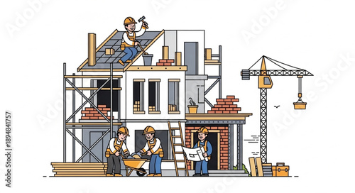 Construction workers building a house with scaffolding and crane.