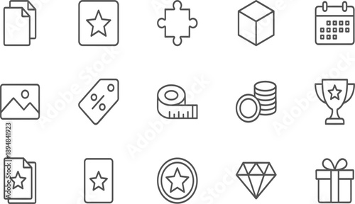 Collection of outline for documents star puzzle cube calendar tag measuring tape coins trophy diamond gift