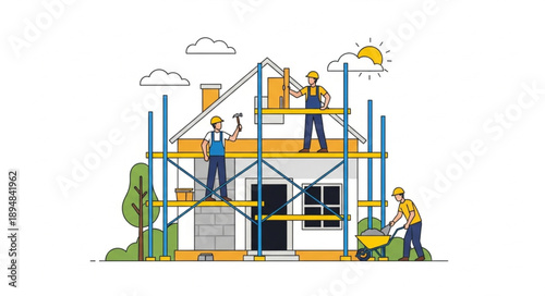 Construction workers building a house with scaffolding.