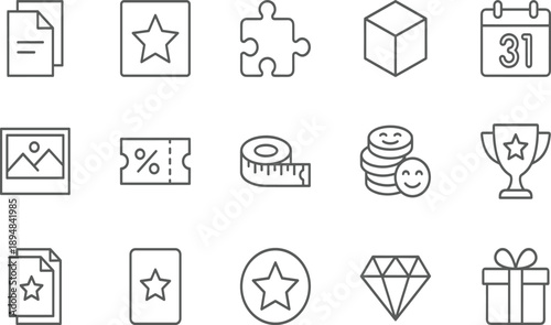 Collection of outline for documents stars puzzle cube calendar ticket tape measure coins trophy diamond gift