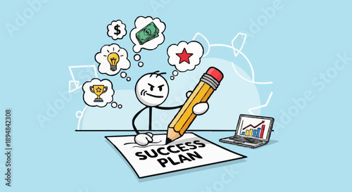 Stick Figure Planning Success with Pencil and Laptop.