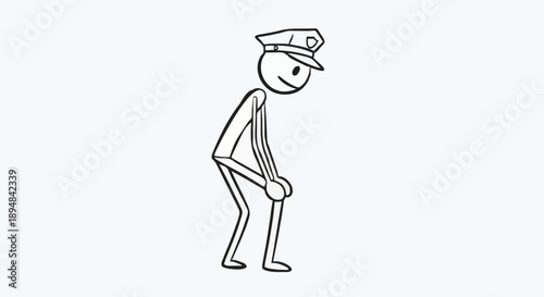 Stick figure police officer bending down in cartoon style.