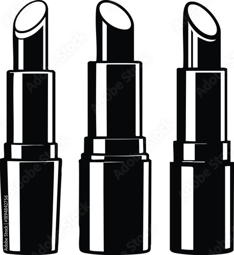HighContrast Lipstick Set Icon for Fashion Branding, Stylized Beauty and Makeup Product Vector Illustration, Minimalist Cosmetic Tube Collection Graphic, Monochrome Lipstick Silhouettes.