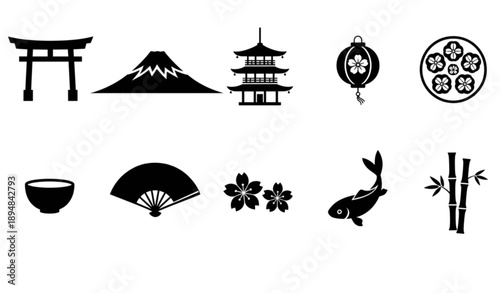 Traditional Japanese Culture Flat Silhouette Vector Icon Collection