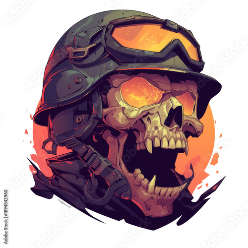 Stylized illustration of a menacing skull wearing a military helmet and goggles with glowing orange eyes and sharp teeth, set against a vibrant orange background.