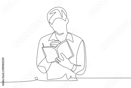 The man who recorded the new skill. Learning new skills concept one-line drawing