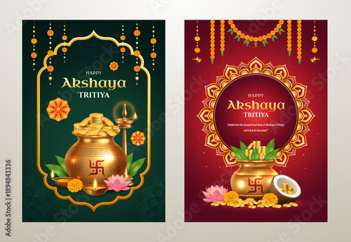 Vibrant Akshaya Tritiya greeting card templates with golden pot