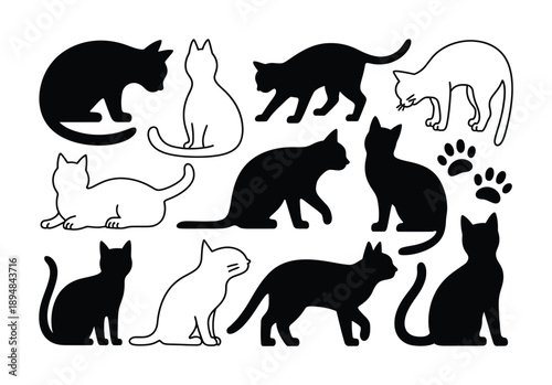 Collection of Vector illustration Black and White Cat Silhouettes in Various Poses