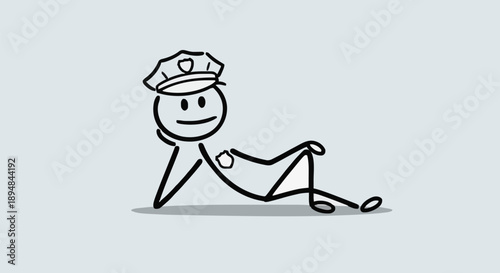 Stick Figure Police Officer Relaxing in Casual Pose.