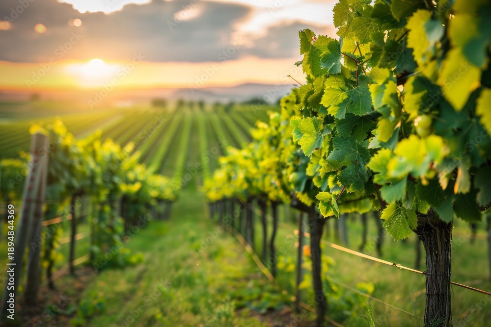Fototapeta premium Golden sunset over vineyard rows with vibrant green grapevines, creating a picturesque scene of tranquility and agricultural beauty