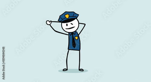 Stick Figure Police Officer Saluting Uniform Hat.